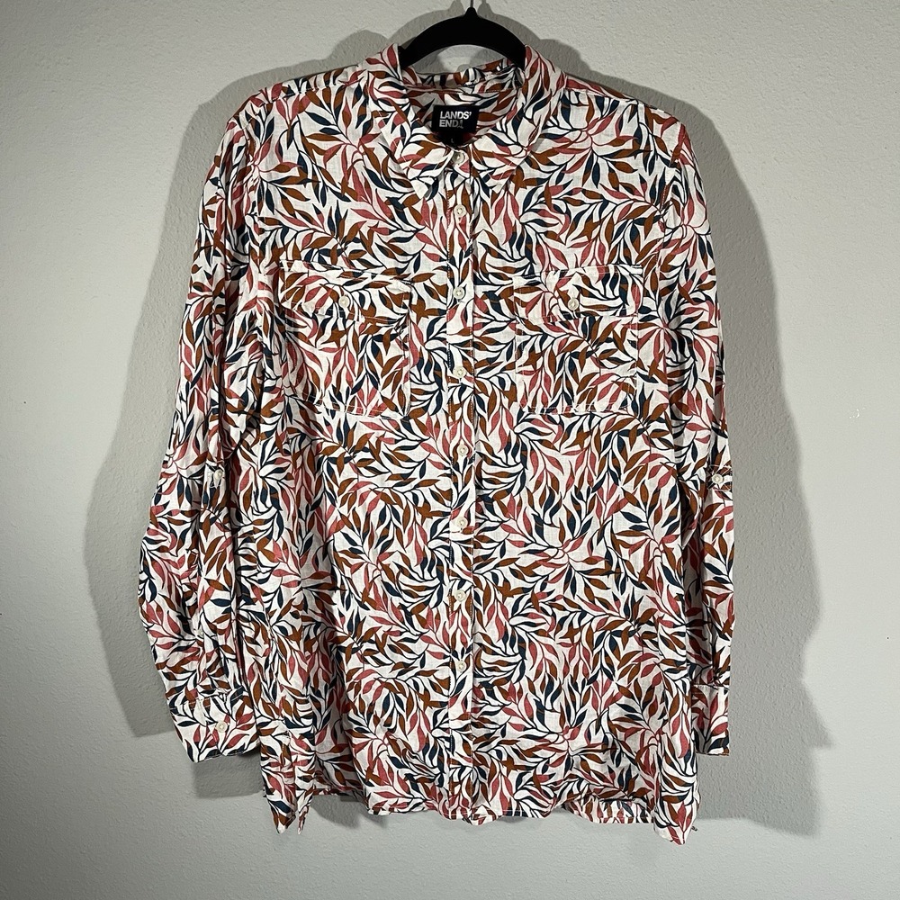 Lands' End Women's 100% linen button up tunic top Size L Leaf Print Long Sleeve